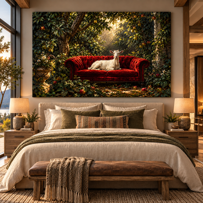 White Goat on Red Velvet Sofa Wrapped Canvas Wall Art – Whimsical Farm Animal Orchard Painting