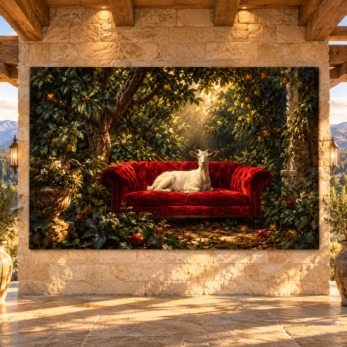 White Goat on Red Velvet Sofa Wrapped Canvas Wall Art – Whimsical Farm Animal Orchard Painting