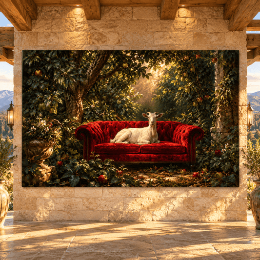 White Goat on Red Velvet Sofa Wrapped Canvas Wall Art – Whimsical Farm Animal Orchard Painting - ART OF ROYALS