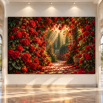 Red Rose Garden Path Wrapped Canvas Wall Art – Romantic Rose Archway Botanical Landscape