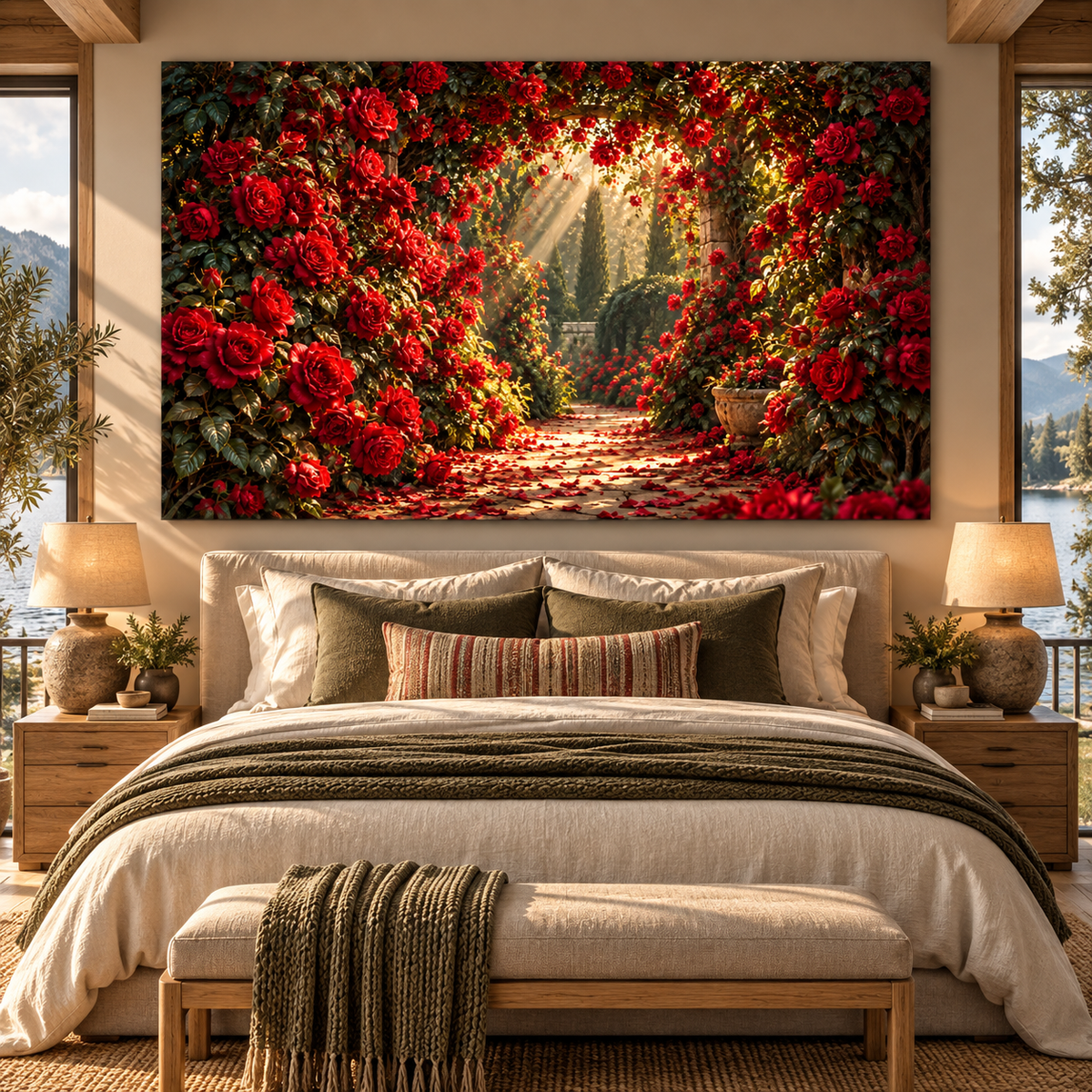 Red Rose Garden Path Wrapped Canvas Wall Art – Romantic Rose Archway Botanical Landscape