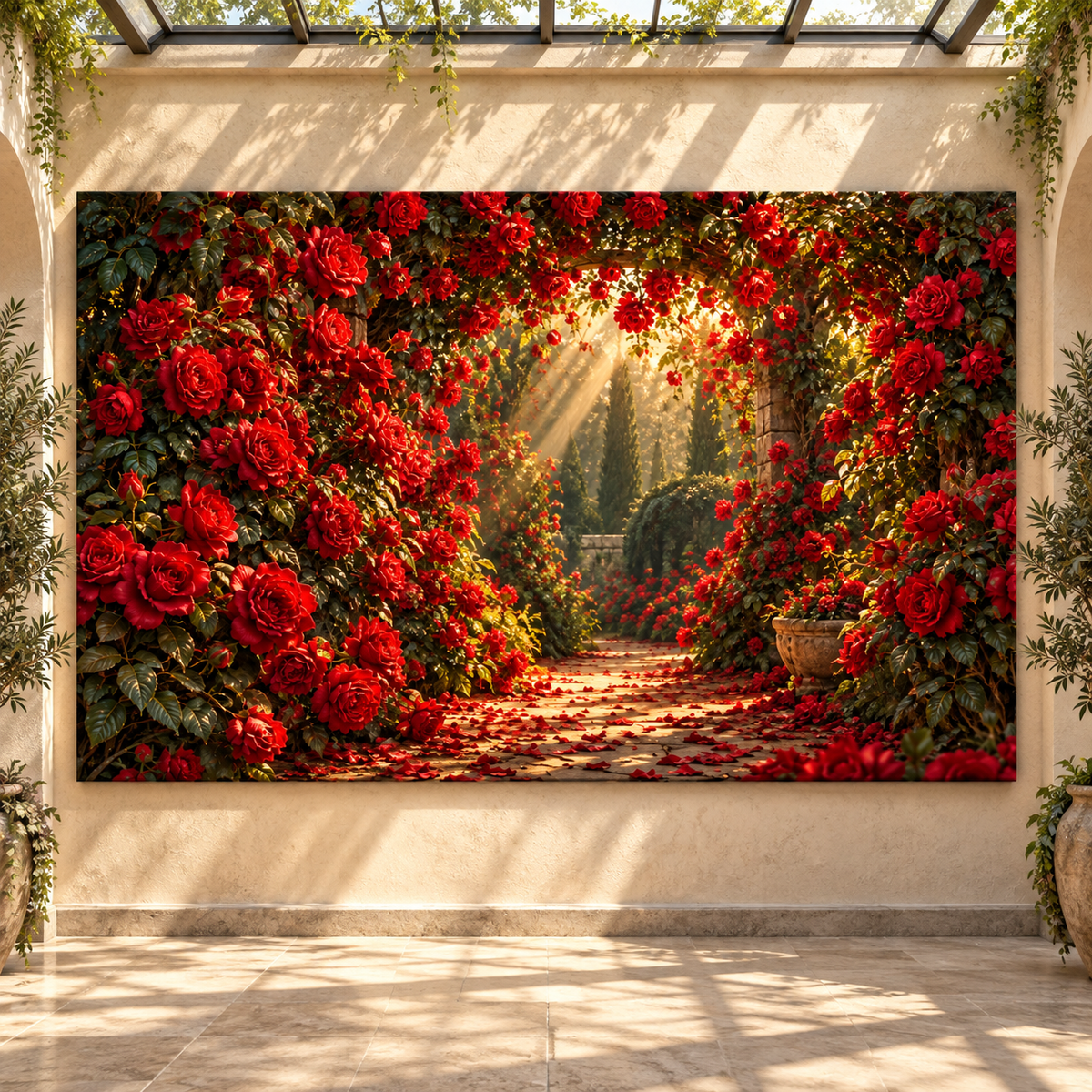 Red Rose Garden Path Wrapped Canvas Wall Art – Romantic Rose Archway Botanical Landscape