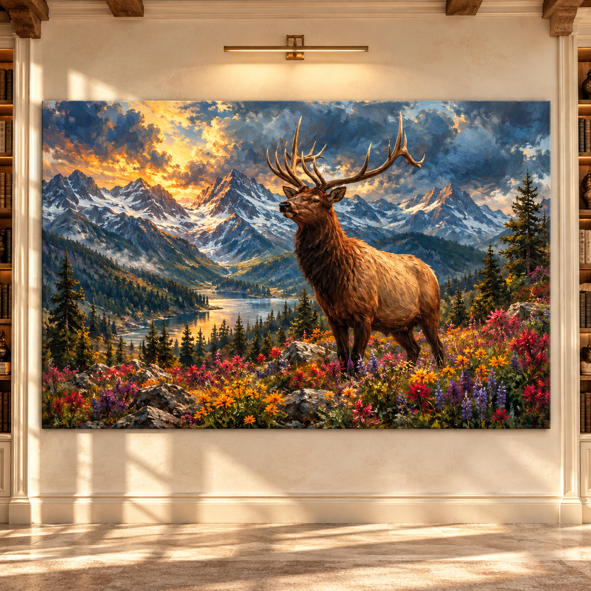 Rocky Mountain Bull Elk Wrapped Canvas Wall Art – Majestic Elk in Alpine Wildflower Landscape