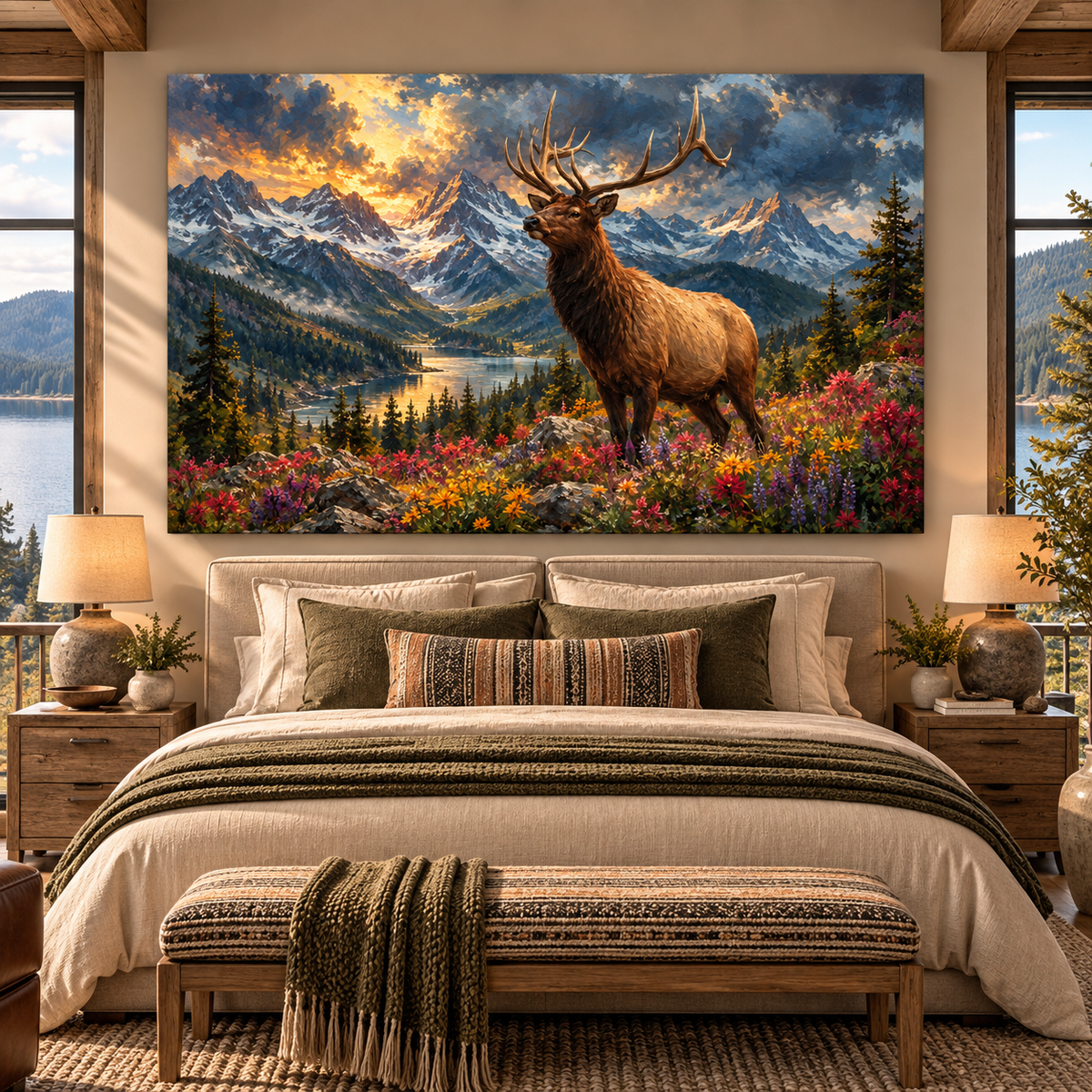 Rocky Mountain Bull Elk Wrapped Canvas Wall Art – Majestic Elk in Alpine Wildflower Landscape