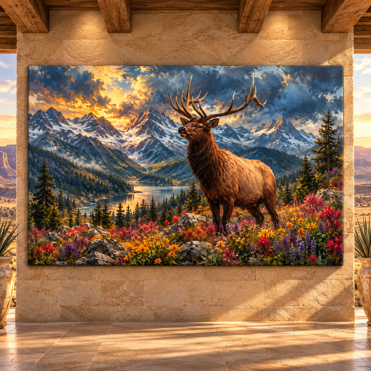 Rocky Mountain Bull Elk Wrapped Canvas Wall Art – Majestic Elk in Alpine Wildflower Landscape