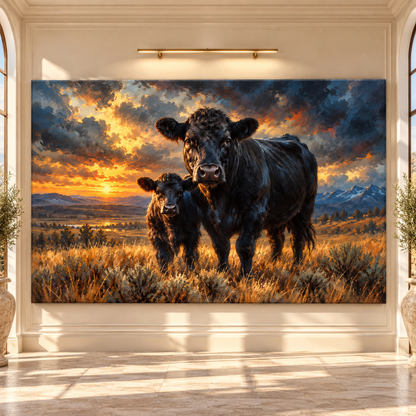 Black Angus Cow and Calf at Sunset Wrapped Canvas Wall Art – Western Cattle Ranch Painting