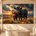 Black Angus Cow and Calf at Sunset Wrapped Canvas Wall Art – Western Cattle Ranch Painting