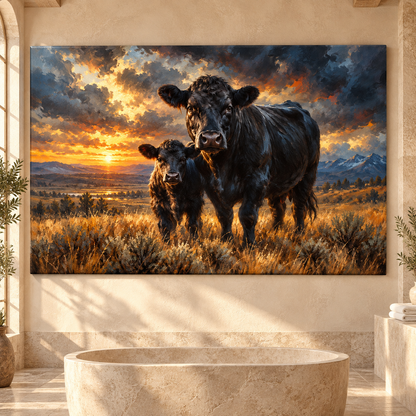 Black Angus Cow and Calf at Sunset Wrapped Canvas Wall Art – Western Cattle Ranch Painting
