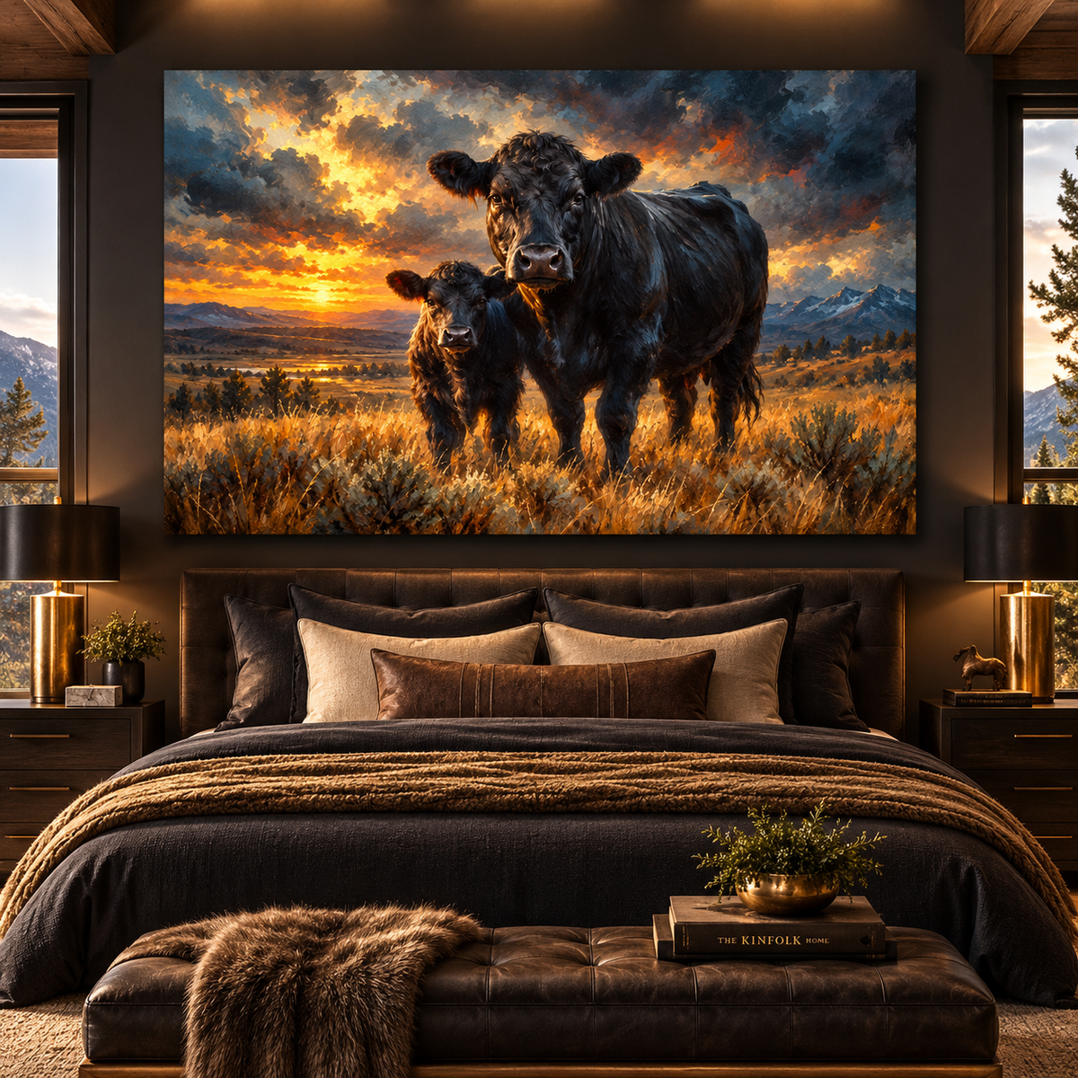 Black Angus Cow and Calf at Sunset Wrapped Canvas Wall Art – Western Cattle Ranch Painting