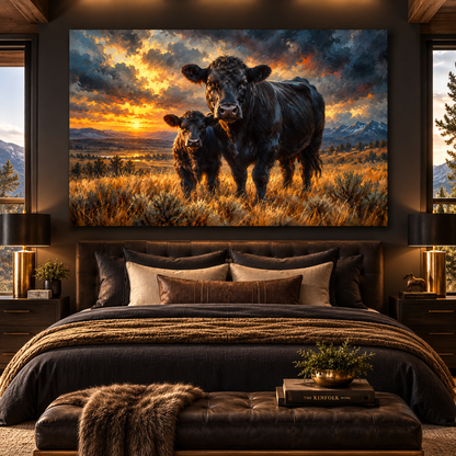 Black Angus Cow and Calf at Sunset Wrapped Canvas Wall Art – Western Cattle Ranch Painting