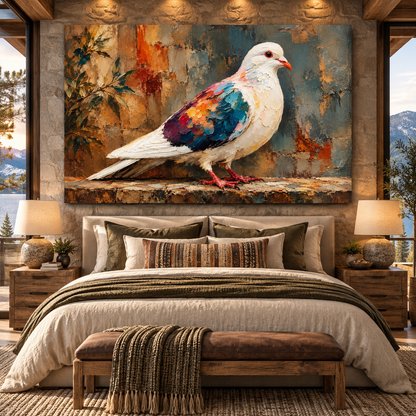Colorful White Pigeon Wrapped Canvas Wall Art – Impasto Dove Bird Painting