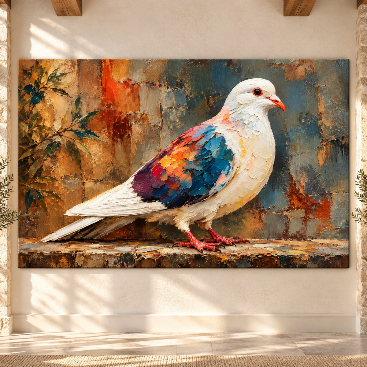 Colorful White Pigeon Wrapped Canvas Wall Art – Impasto Dove Bird Painting