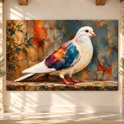 Colorful White Pigeon Wrapped Canvas Wall Art – Impasto Dove Bird Painting