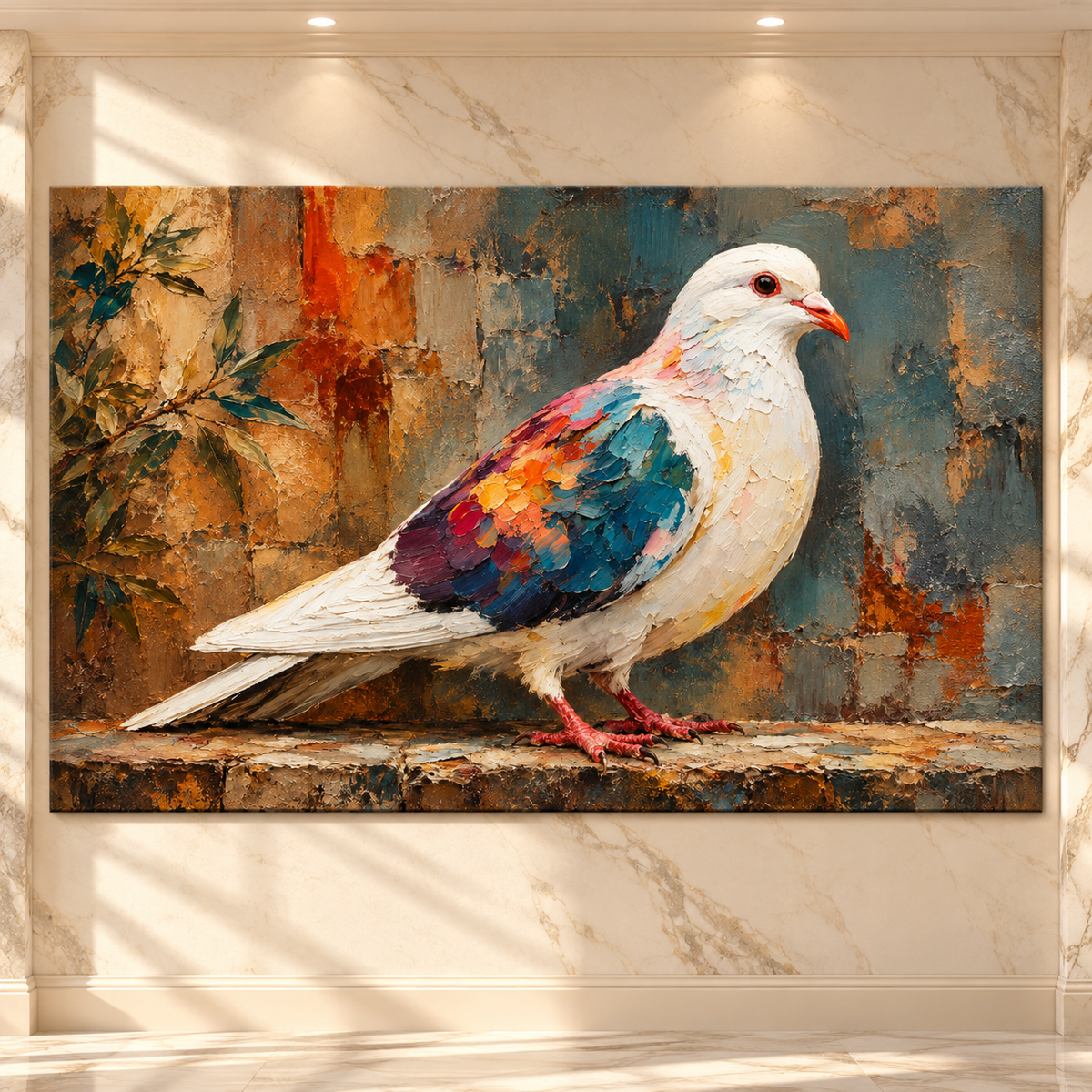 Colorful White Pigeon Wrapped Canvas Wall Art – Impasto Dove Bird Painting