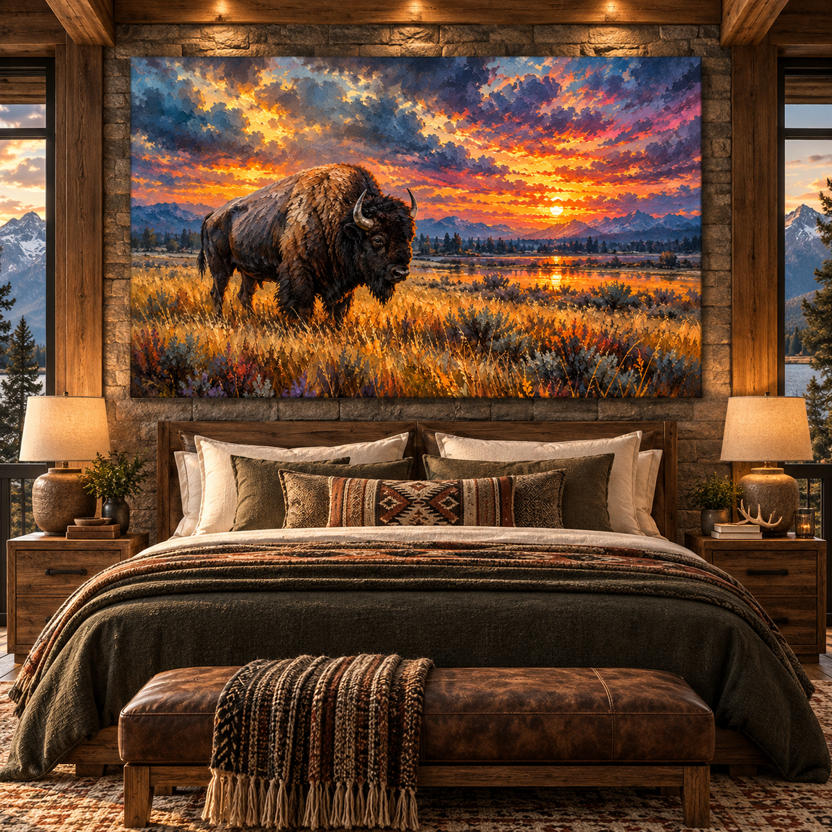 American Bison at Sunset Wrapped Canvas Wall Art – Buffalo Prairie & Mountain Landscape Painting