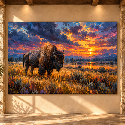 American Bison at Sunset Wrapped Canvas Wall Art – Buffalo Prairie & Mountain Landscape Painting