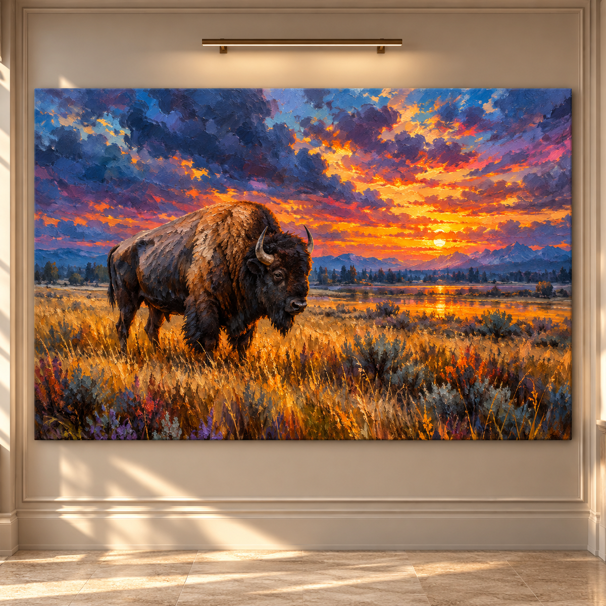American Bison at Sunset Wrapped Canvas Wall Art – Buffalo Prairie & Mountain Landscape Painting