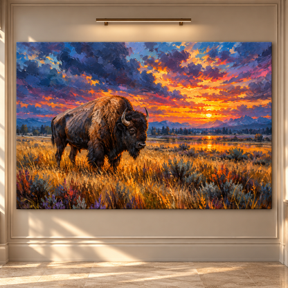 American Bison at Sunset Wrapped Canvas Wall Art – Buffalo Prairie & Mountain Landscape Painting