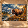 American Bison by Mountain Lake Wrapped Canvas Wall Art – Buffalo Autumn Wilderness Painting