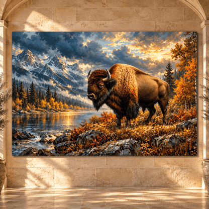 American Bison by Mountain Lake Wrapped Canvas Wall Art – Buffalo Autumn Wilderness Painting