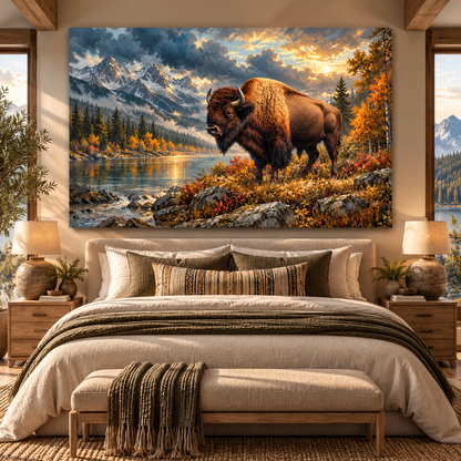 American Bison by Mountain Lake Wrapped Canvas Wall Art – Buffalo Autumn Wilderness Painting