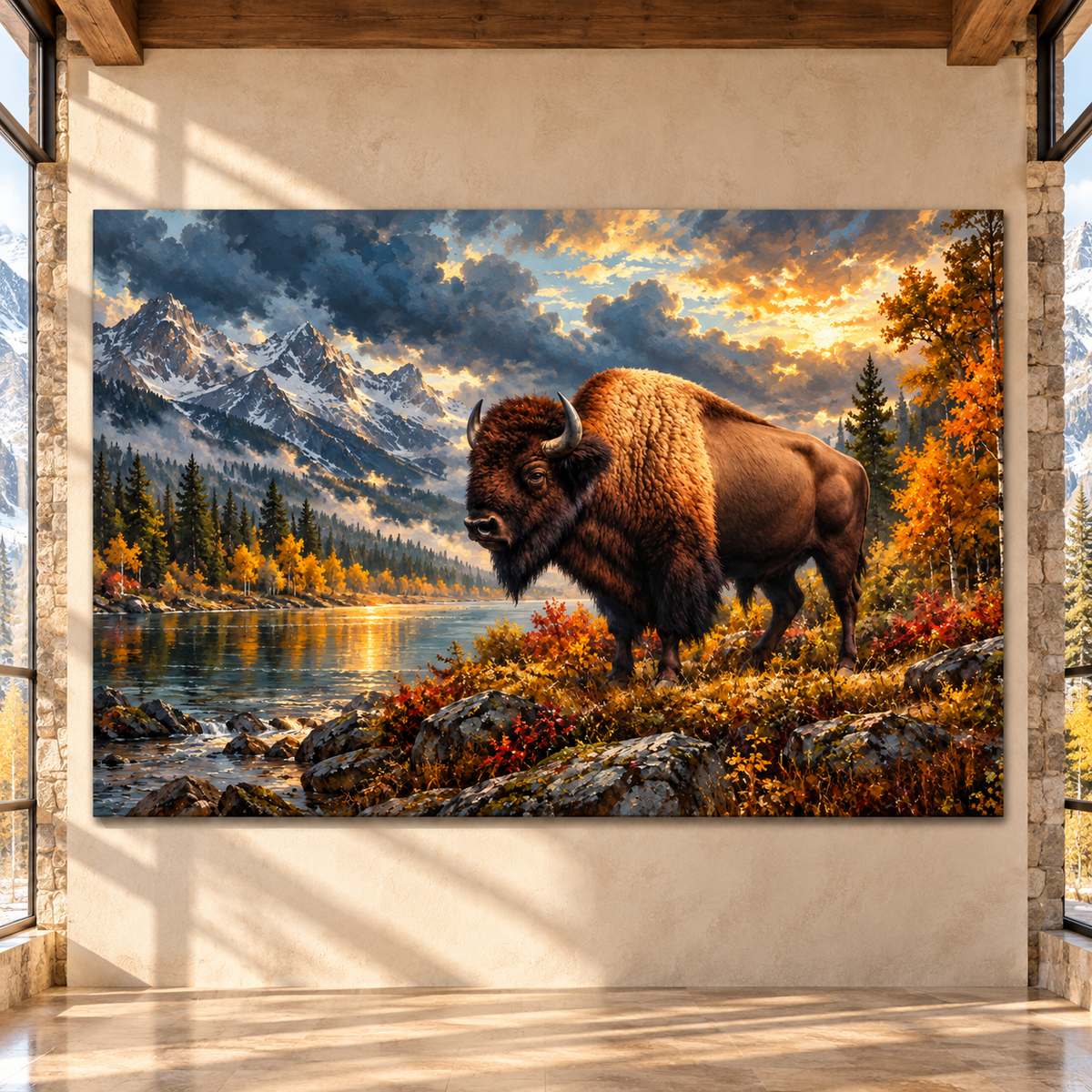 American Bison by Mountain Lake Wrapped Canvas Wall Art – Buffalo Autumn Wilderness Painting