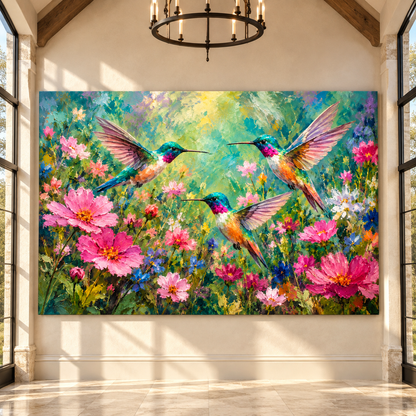 Ruby-Throated Hummingbirds & Pink Wildflowers Wrapped Canvas Wall Art – Colorful Hummingbird Garden Painting