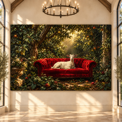 White Goat on Red Velvet Sofa Wrapped Canvas Wall Art – Whimsical Farm Animal Orchard Painting