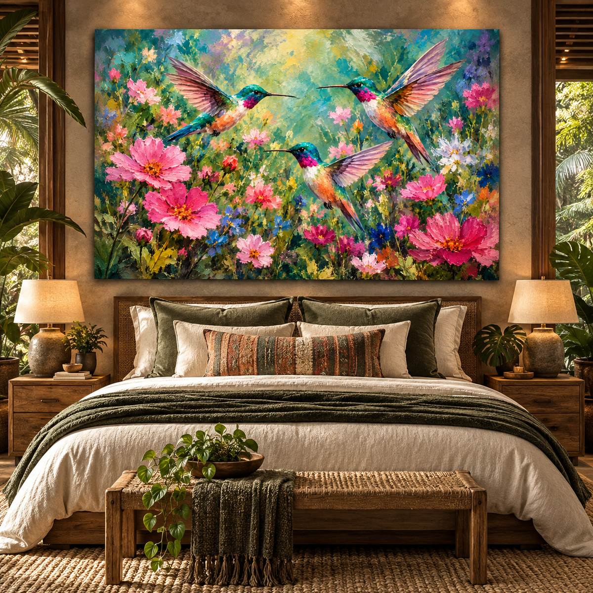Ruby-Throated Hummingbirds & Pink Wildflowers Wrapped Canvas Wall Art – Colorful Hummingbird Garden Painting