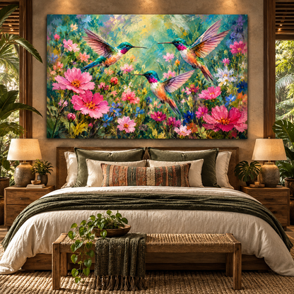 Ruby-Throated Hummingbirds & Pink Wildflowers Wrapped Canvas Wall Art – Colorful Hummingbird Garden Painting