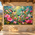 Ruby-Throated Hummingbirds & Pink Wildflowers Wrapped Canvas Wall Art – Colorful Hummingbird Garden Painting