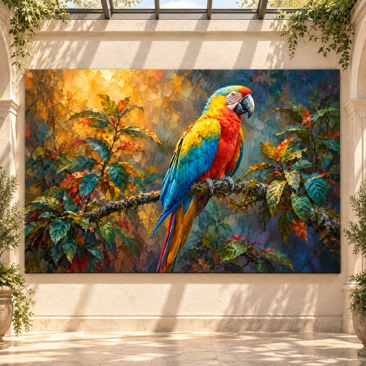Scarlet Macaw Parrot Wrapped Canvas Wall Art – Colorful Tropical Rainforest Bird Painting - ART OF ROYALS