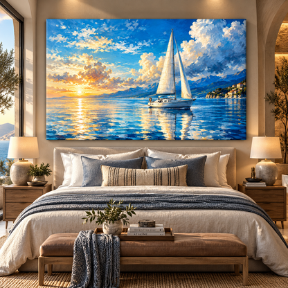 Sailboat at Golden Sunset Wrapped Canvas Wall Art – Mediterranean Coastal Mountain Seascape Painting