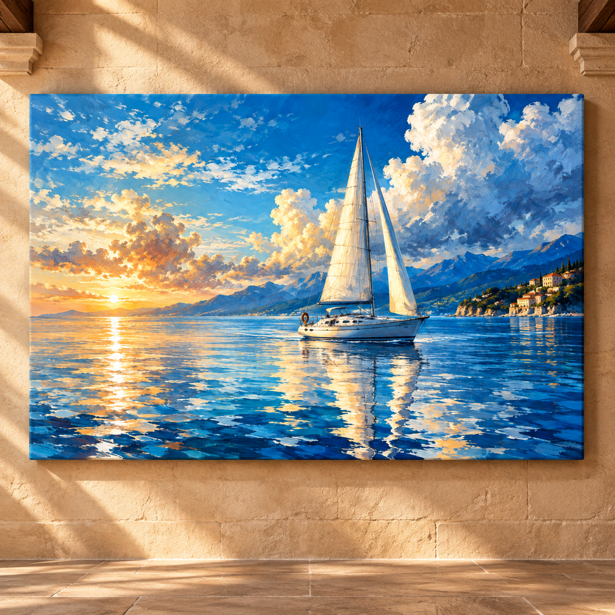 Sailboat at Golden Sunset Wrapped Canvas Wall Art – Mediterranean Coastal Mountain Seascape Painting