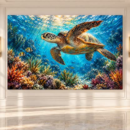 Green Sea Turtle Coral Reef Wrapped Canvas Wall Art – Tropical Underwater Ocean Wildlife Painting