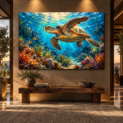 Green Sea Turtle Coral Reef Wrapped Canvas Wall Art – Tropical Underwater Ocean Wildlife Painting