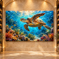 Green Sea Turtle Coral Reef Wrapped Canvas Wall Art – Tropical Underwater Ocean Wildlife Painting