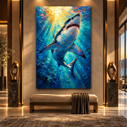 Great White Shark Wrapped Canvas Wall Art – Colorful Underwater Ocean Predator Painting - ART OF ROYALS