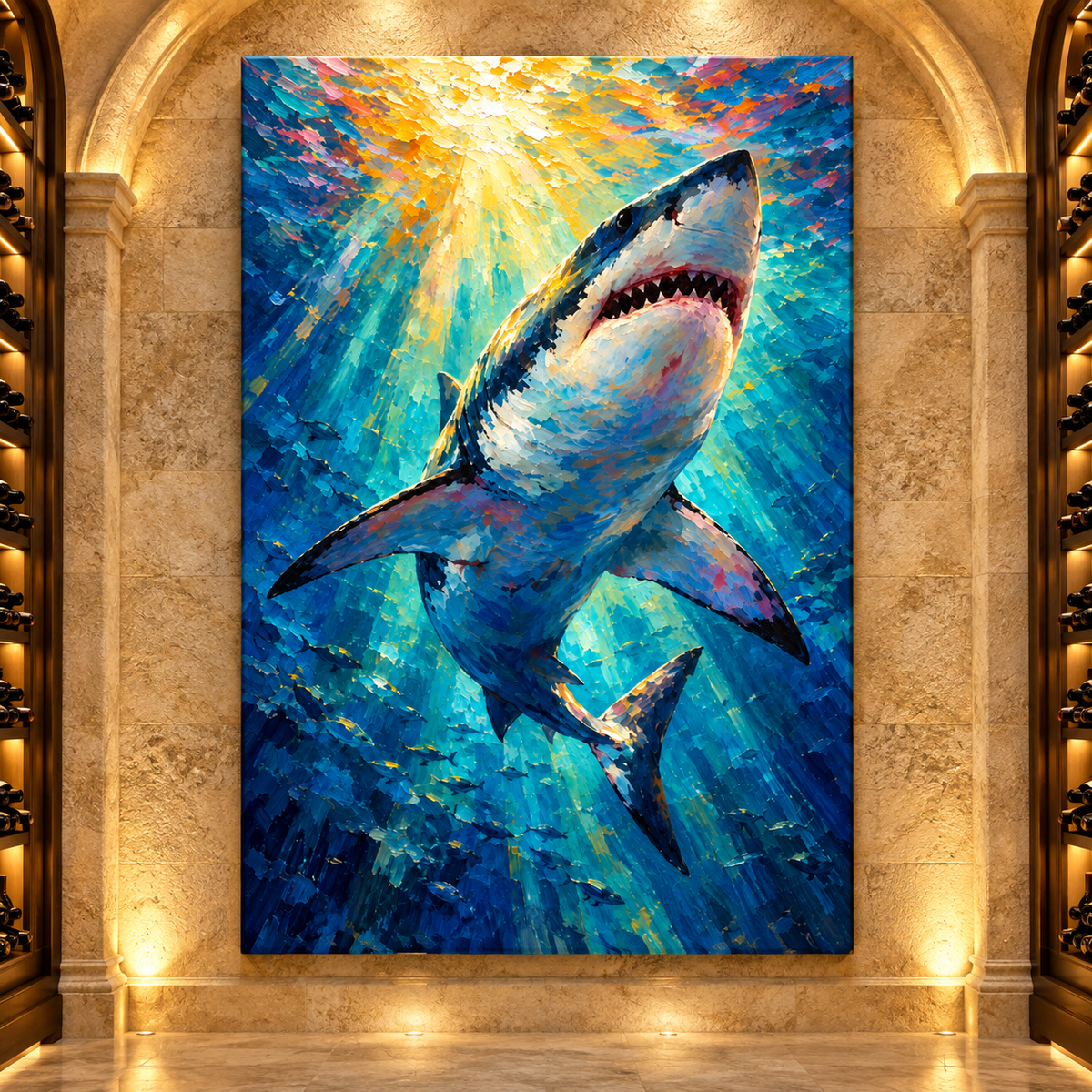 Great White Shark Wrapped Canvas Wall Art – Colorful Underwater Ocean Predator Painting - ART OF ROYALS