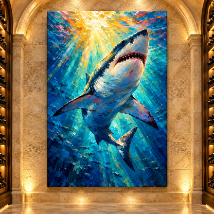 Great White Shark Wrapped Canvas Wall Art – Colorful Underwater Ocean Predator Painting - ART OF ROYALS