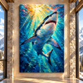 Great White Shark Wrapped Canvas Wall Art – Colorful Underwater Ocean Predator Painting