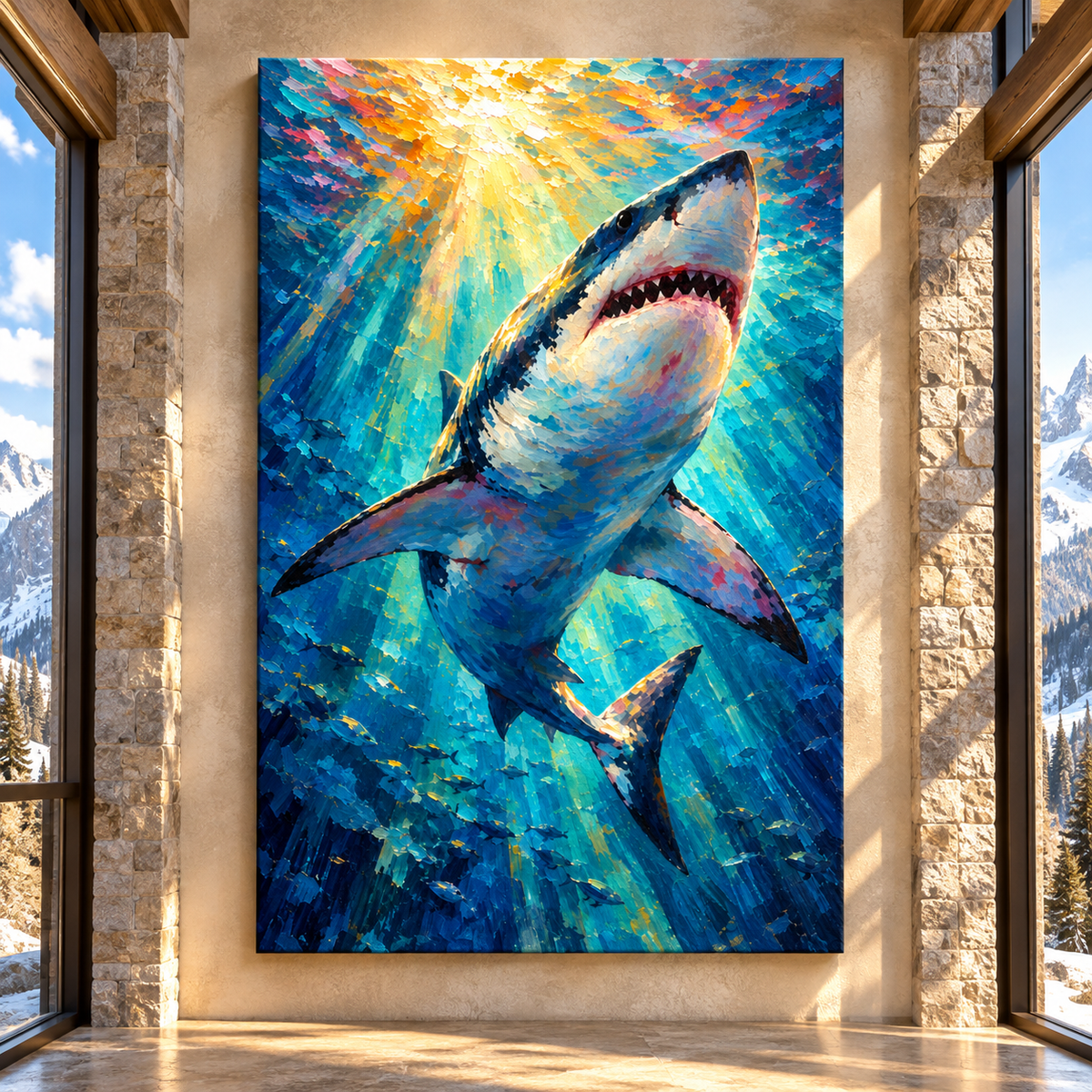 Great White Shark Wrapped Canvas Wall Art – Colorful Underwater Ocean Predator Painting - ART OF ROYALS