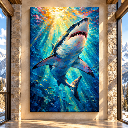 Great White Shark Wrapped Canvas Wall Art – Colorful Underwater Ocean Predator Painting - ART OF ROYALS