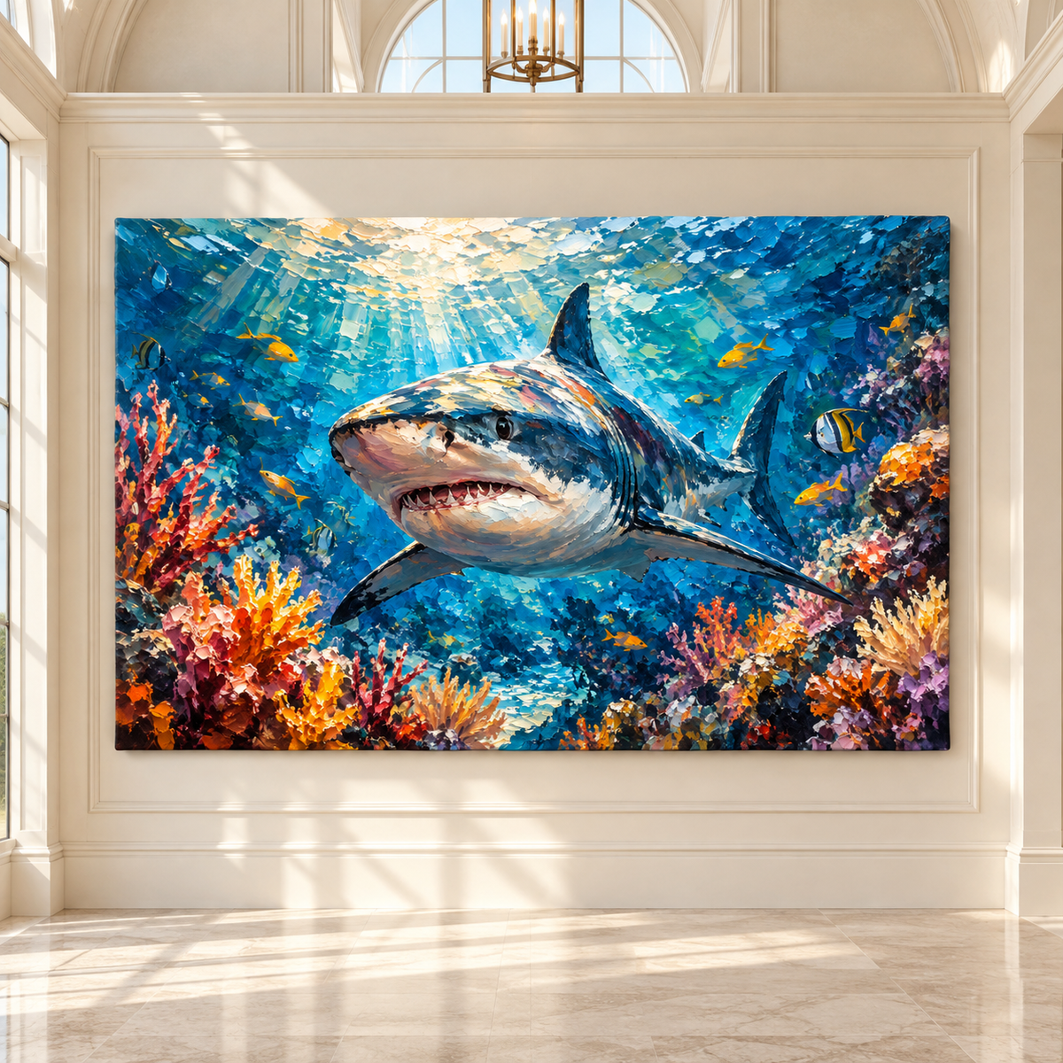 Great White Shark Coral Reef Wrapped Canvas Wall Art – Colorful Underwater Shark Painting