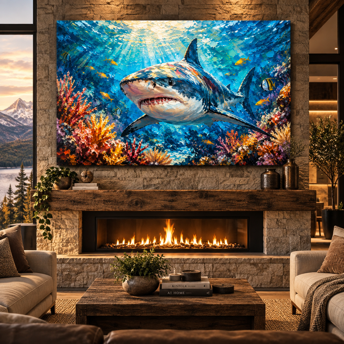Great White Shark Coral Reef Wrapped Canvas Wall Art – Colorful Underwater Shark Painting