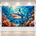 Great White Shark Coral Reef Wrapped Canvas Wall Art – Colorful Underwater Shark Painting