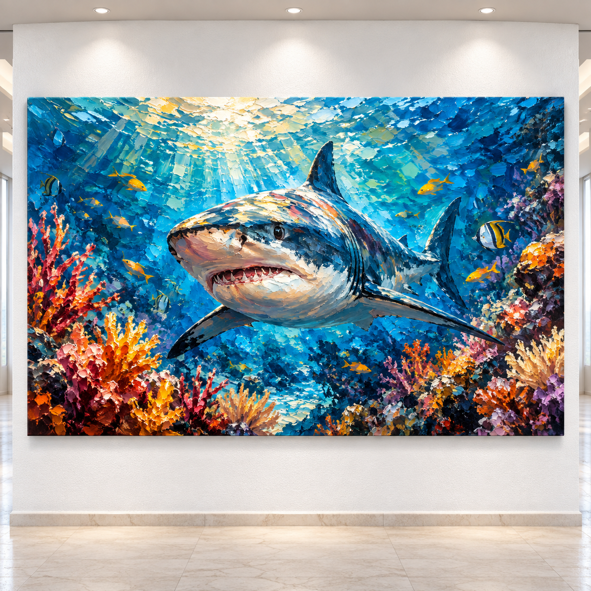 Great White Shark Coral Reef Wrapped Canvas Wall Art – Colorful Underwater Shark Painting