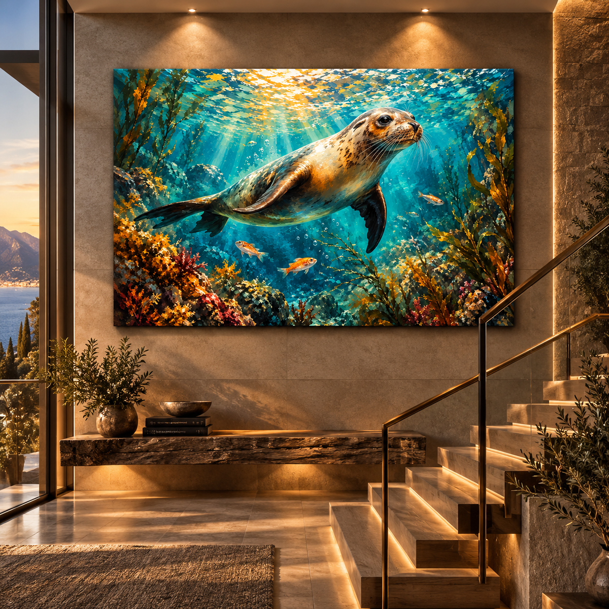 Harbor Seal Underwater Wrapped Canvas Wall Art – Colorful Kelp Forest Ocean Wildlife Painting