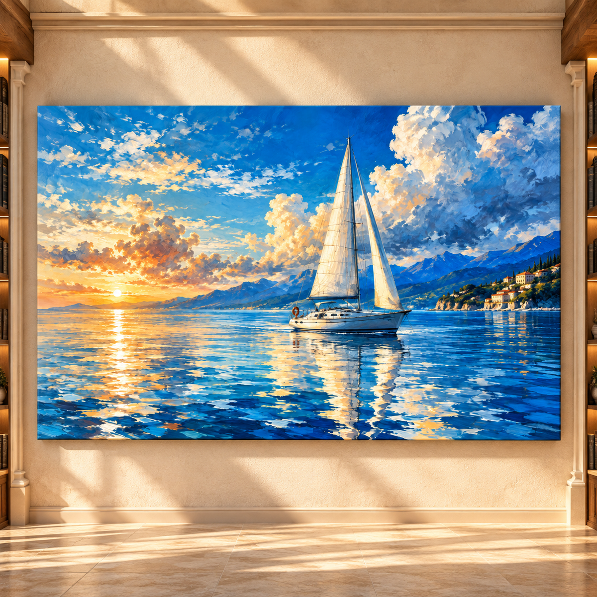 Sailboat at Golden Sunset Wrapped Canvas Wall Art – Mediterranean Coastal Mountain Seascape Painting