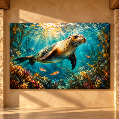 Harbor Seal Underwater Wrapped Canvas Wall Art – Colorful Kelp Forest Ocean Wildlife Painting